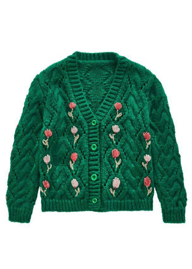 Leuke Groene V-hals Knoop Patchwork Gebreide Meisjes Vesten Herfst - Dames cardigans