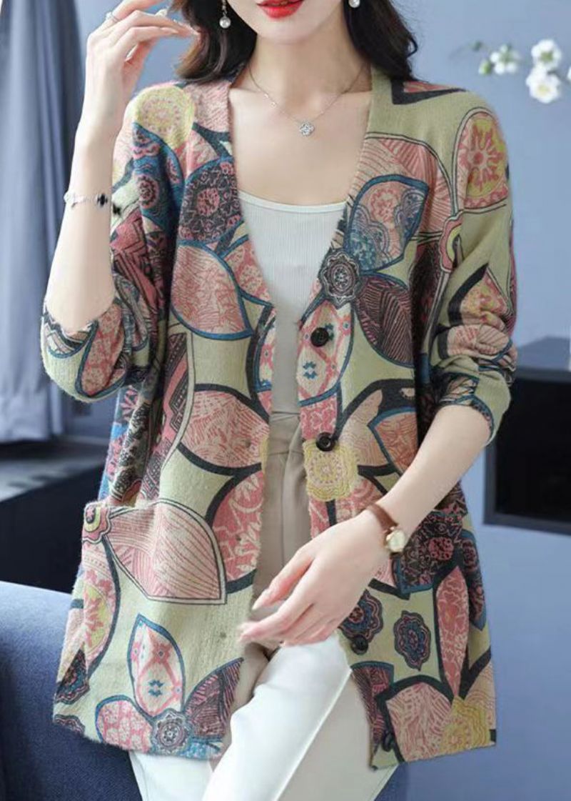 Lichtgroene Print Patchwork Nertsenhaar Gebreide Jassen Met V-hals En Lange Mouwen - Dames cardigans