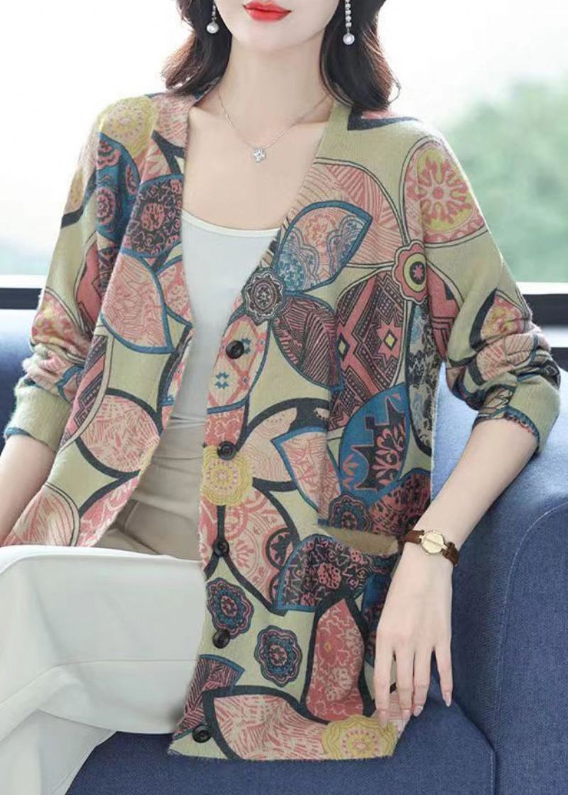 Lichtgroene Print Patchwork Nertsenhaar Gebreide Jassen Met V-hals En Lange Mouwen - Dames cardigans