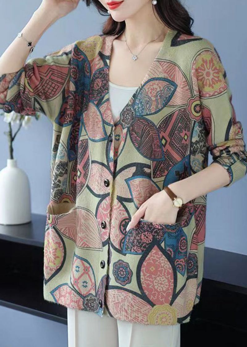 Lichtgroene Print Patchwork Nertsenhaar Gebreide Jassen Met V-hals En Lange Mouwen - Dames cardigans