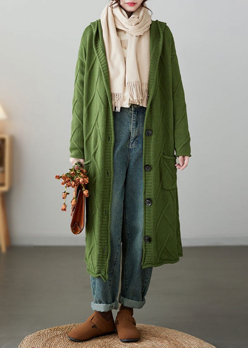 Losse Groene Capuchonzakken En Patchwork Gebreid Vest Jas Herfst