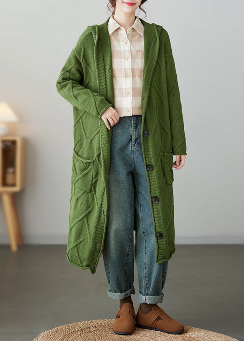 Losse Groene Capuchonzakken En Patchwork Gebreid Vest Jas Herfst - Dames cardigans