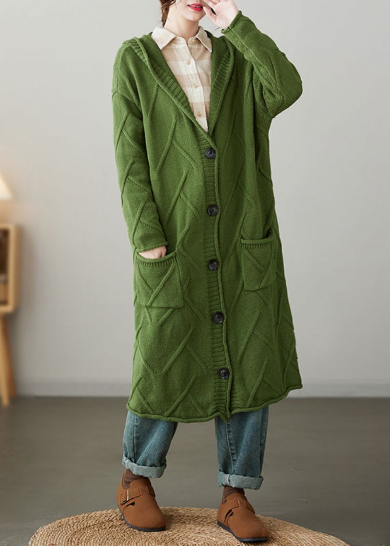 Losse Groene Capuchonzakken En Patchwork Gebreid Vest Jas Herfst - Dames cardigans