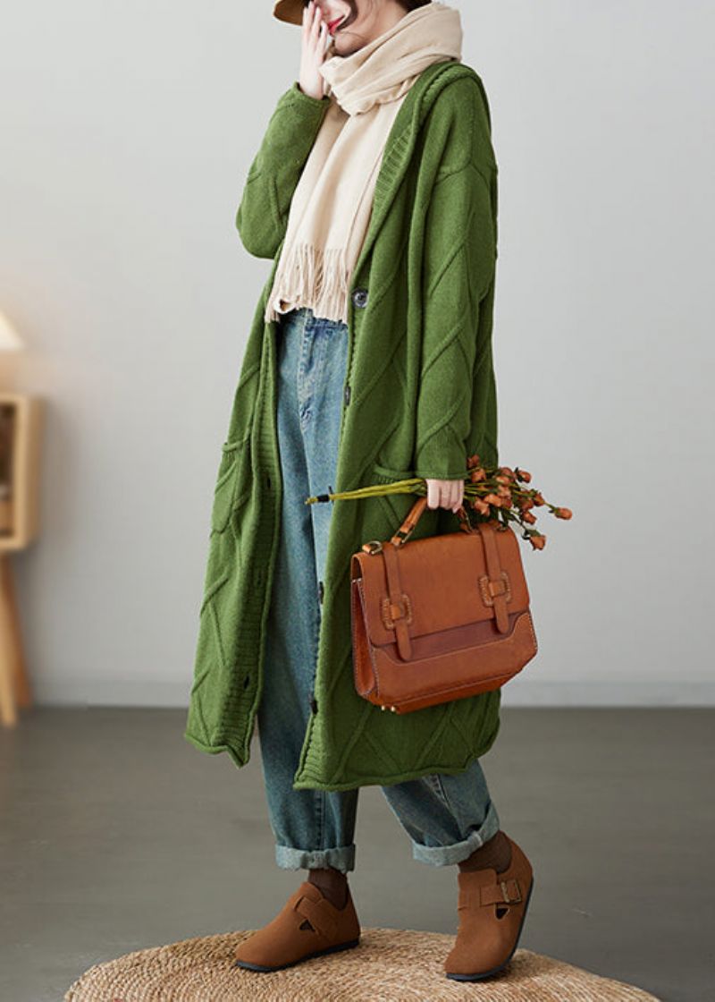 Losse Groene Capuchonzakken En Patchwork Gebreid Vest Jas Herfst - Dames cardigans