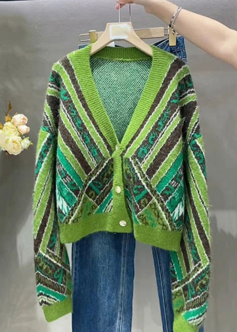 Losse Groene V-hals Knoop-patchwork Gebreide Jassen Herfst