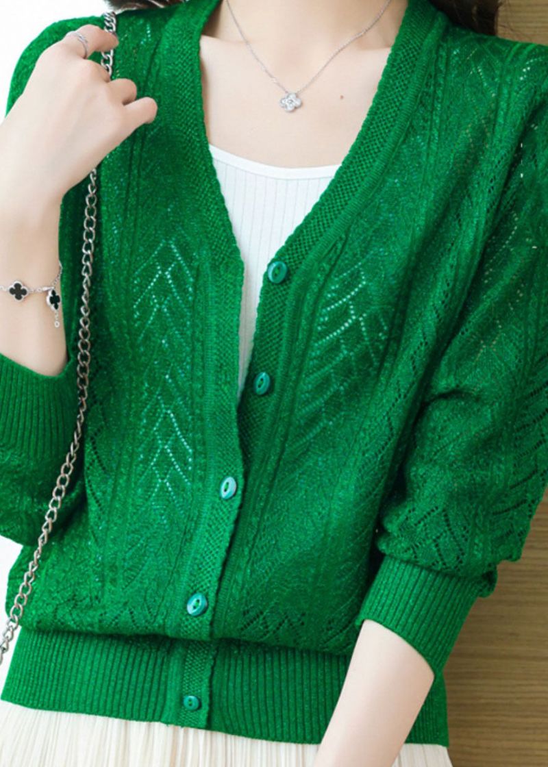 Losse Groene V-hals Uitgeholde Knopen Patchwork Gebreide Vesten Herfst - Dames cardigans