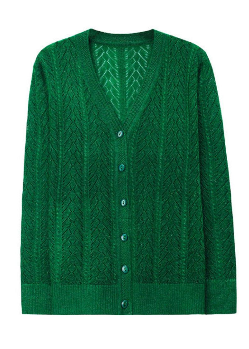 Losse Groene V-hals Uitgeholde Knopen Patchwork Gebreide Vesten Herfst - Dames cardigans