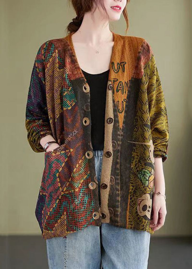 Losse Katoenen Gebreide Jas Met Mitch-knopenprint En Patchwork Herfst - Dames cardigans