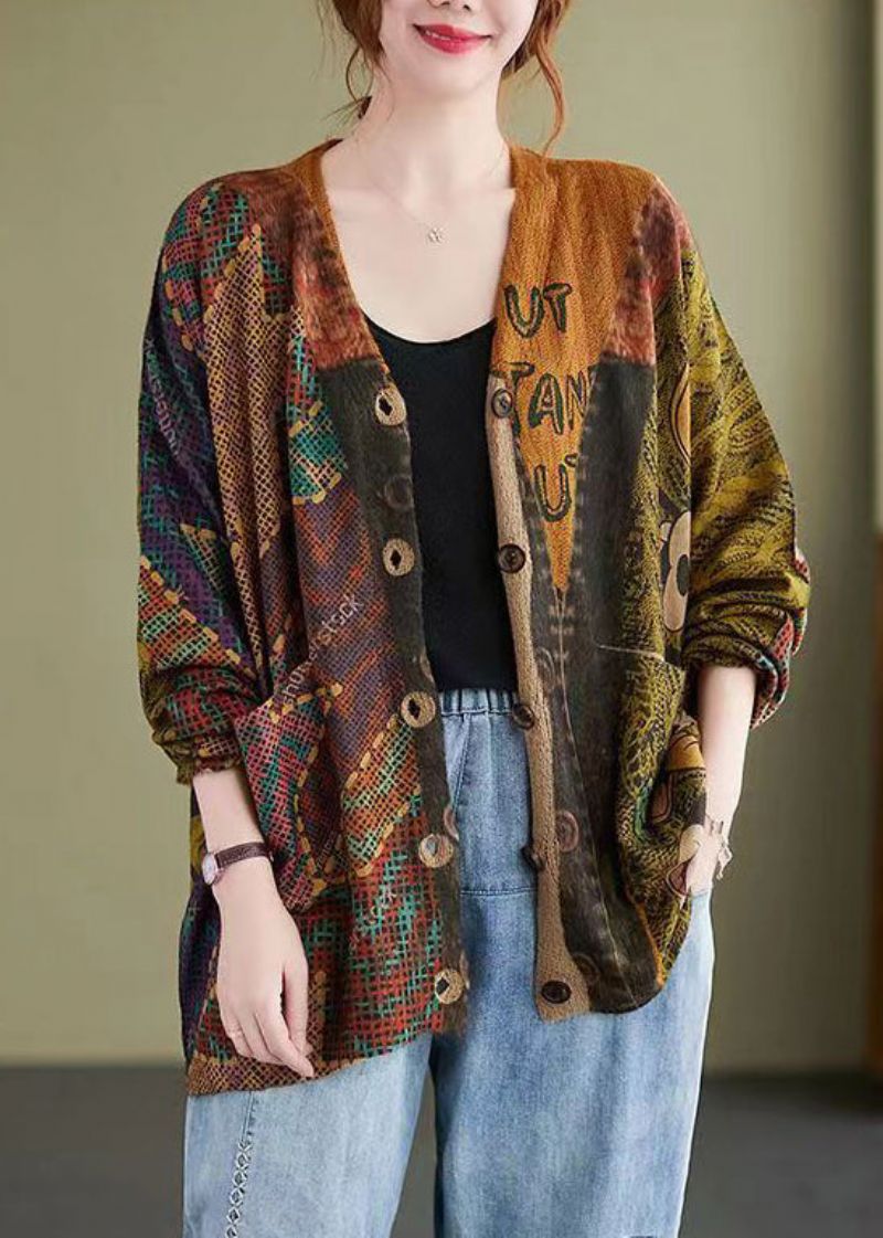 Losse Katoenen Gebreide Jas Met Mitch-knopenprint En Patchwork Herfst - Dames cardigans