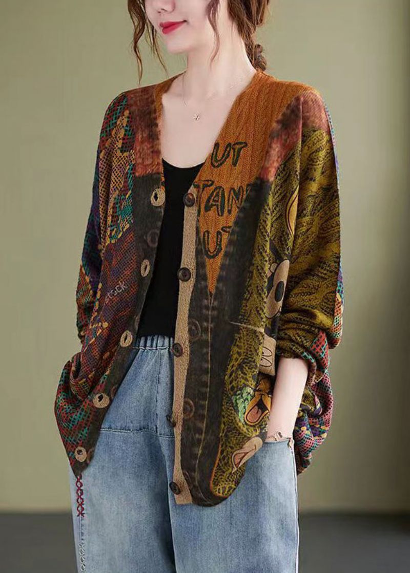 Losse Katoenen Gebreide Jas Met Mitch-knopenprint En Patchwork Herfst - Dames cardigans