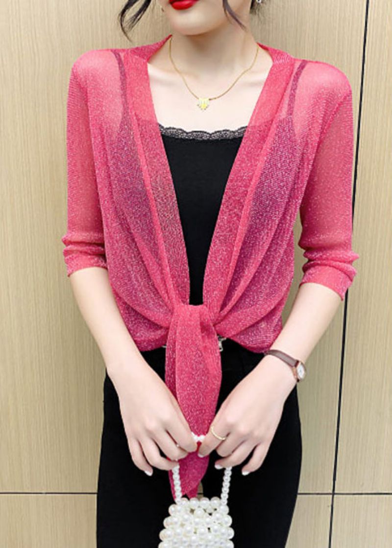 Losvallend Roze Effen Vest Met Veters Van Tule Halve Mouw - Dames cardigans