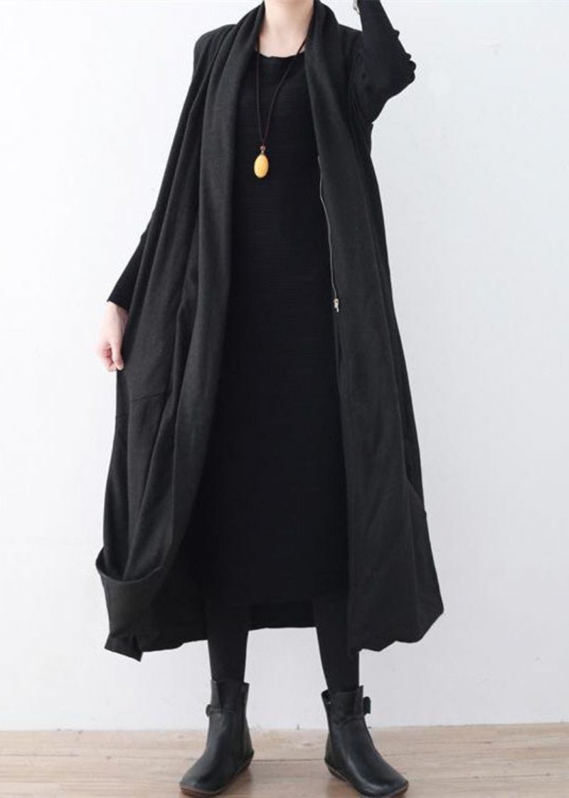 Luxe Zwarte Wollen Lange Jas Oversized Maxi-jas Met Asymmetrische Zoom Mouwloze Damesjassen