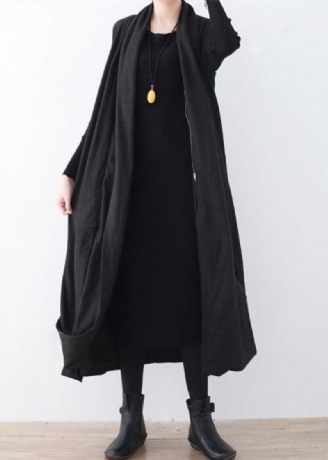 Luxe Zwarte Wollen Lange Jas Oversized Maxi-jas Met Asymmetrische Zoom Mouwloze Damesjassen