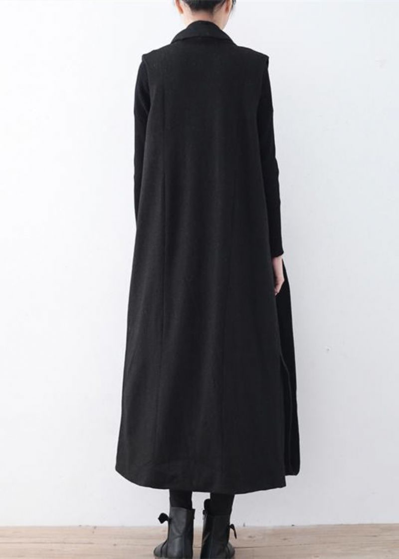 Luxe Zwarte Wollen Lange Jas Oversized Maxi-jas Met Asymmetrische Zoom Mouwloze Damesjassen - Dames cardigans