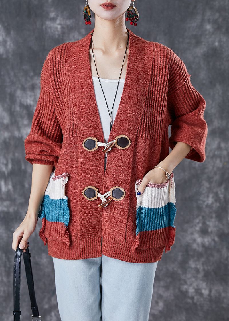 Mode Rood Oversized Gebreid Vest Met Patchworkzakken Herfst