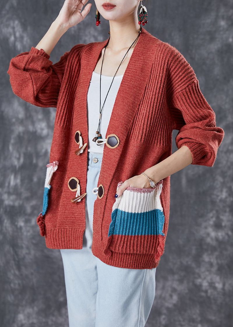 Mode Rood Oversized Gebreid Vest Met Patchworkzakken Herfst - Dames cardigans