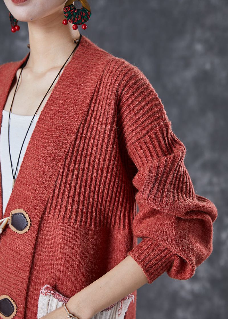 Mode Rood Oversized Gebreid Vest Met Patchworkzakken Herfst - Dames cardigans