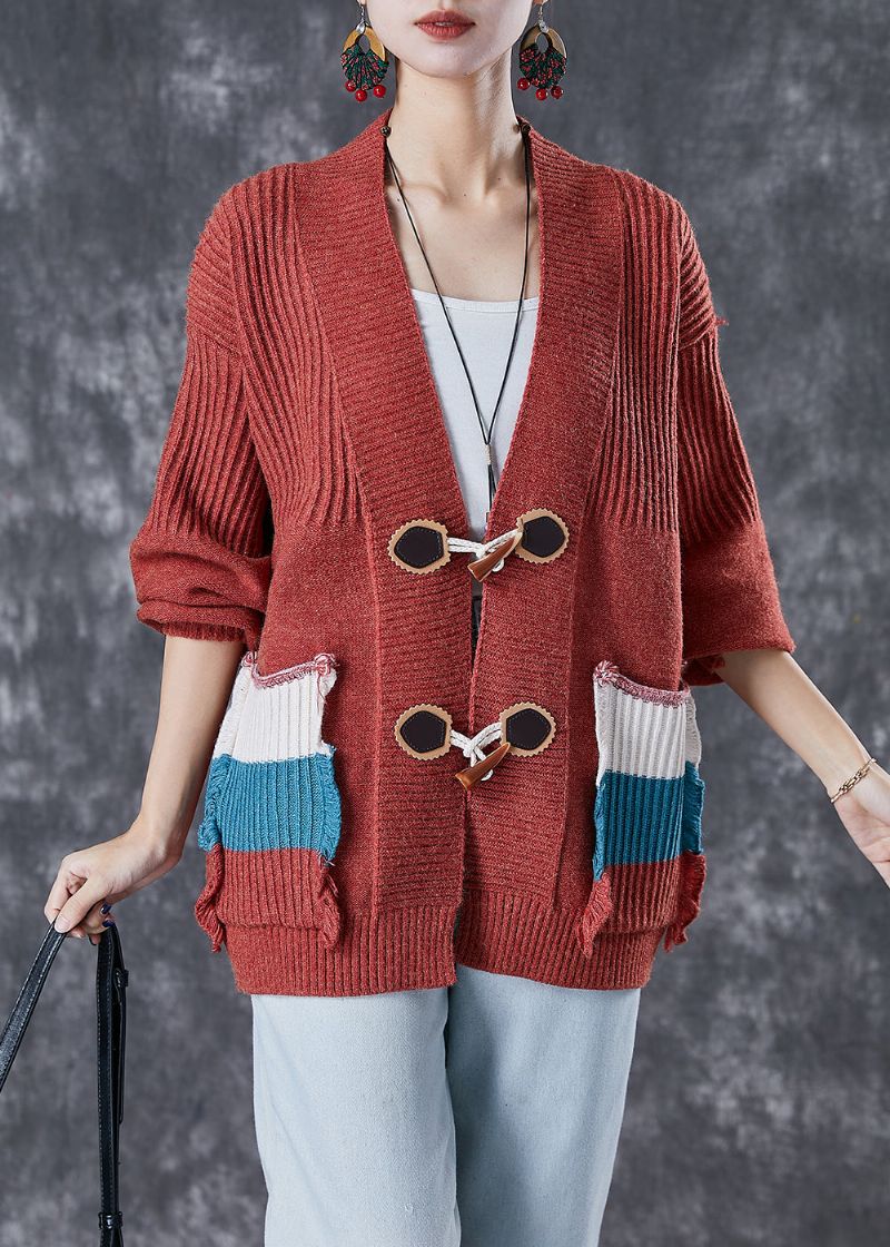 Mode Rood Oversized Gebreid Vest Met Patchworkzakken Herfst - Dames cardigans