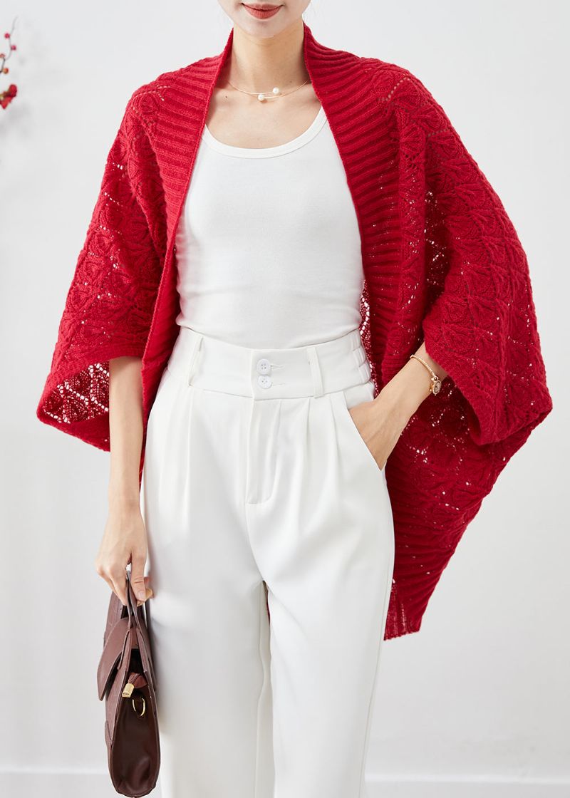 Mode Rood Oversized Uitgehold Gebreid Vest Herfst