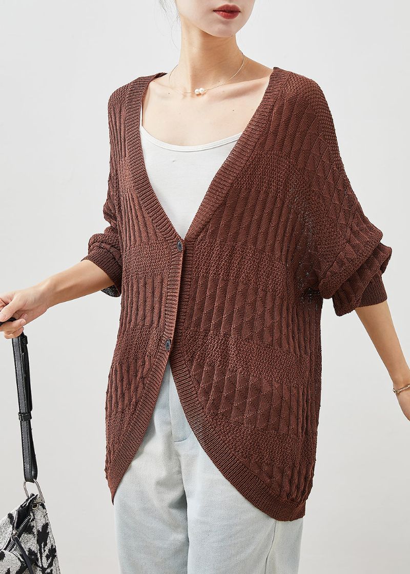 Modern Chocolade Oversized Gebreid Vest Met Vleermuismouw