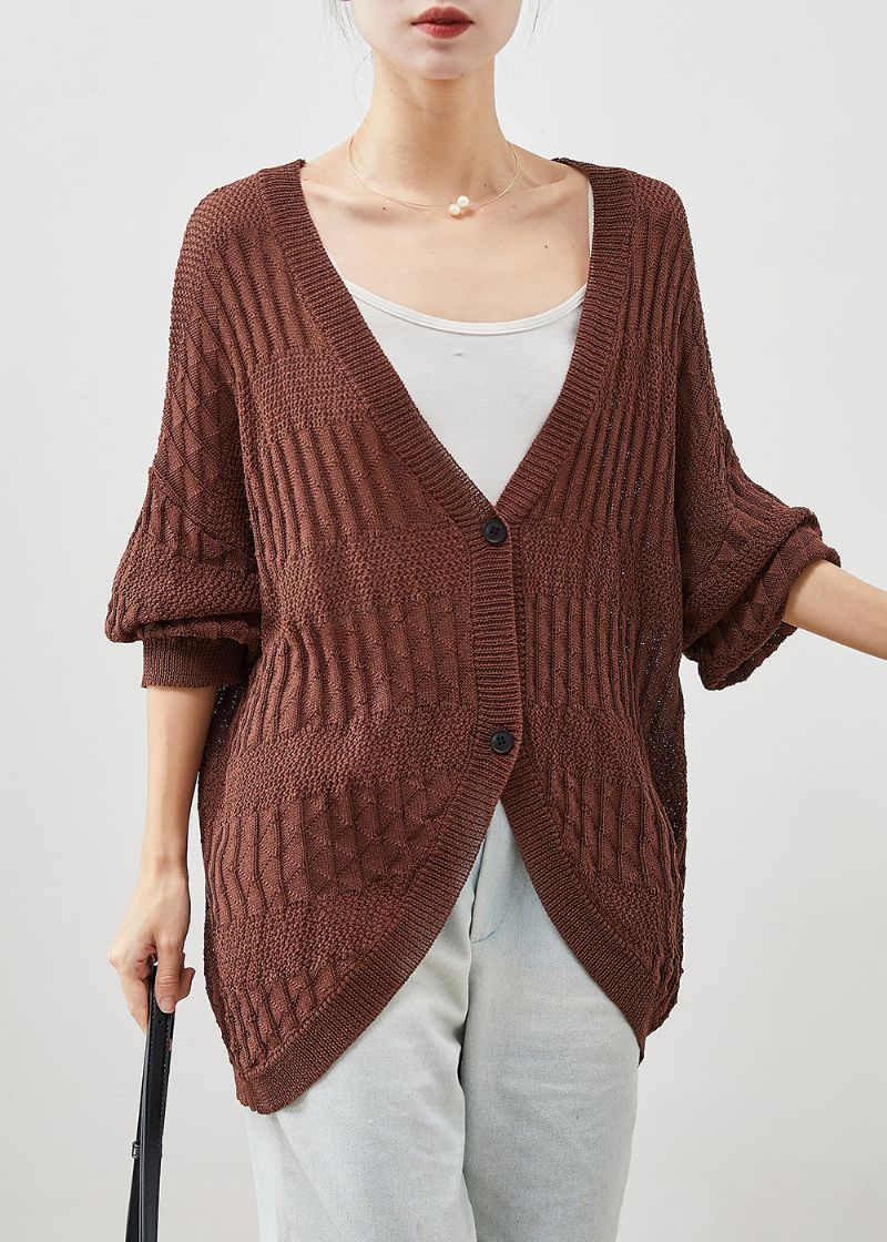 Modern Chocolade Oversized Gebreid Vest Met Vleermuismouw - Dames cardigans