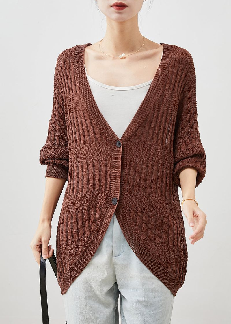 Modern Chocolade Oversized Gebreid Vest Met Vleermuismouw - Dames cardigans