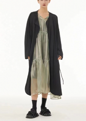 Modern Zwart Oversized Chiffon Vest Aan De Zijkant Met Open Kwast Lente