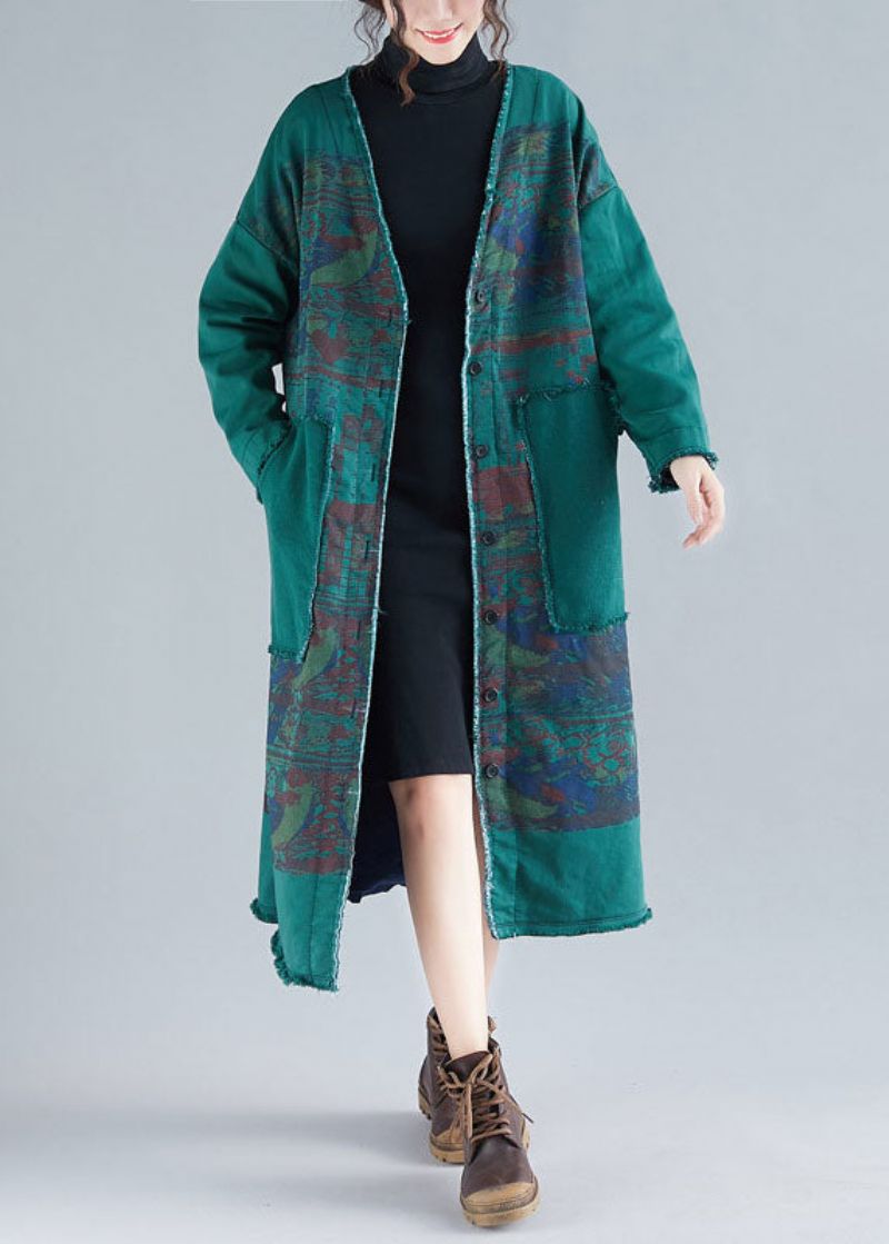 Moderne Groene V-hals Patchwork Warme Fleece Losse Vesten Winter