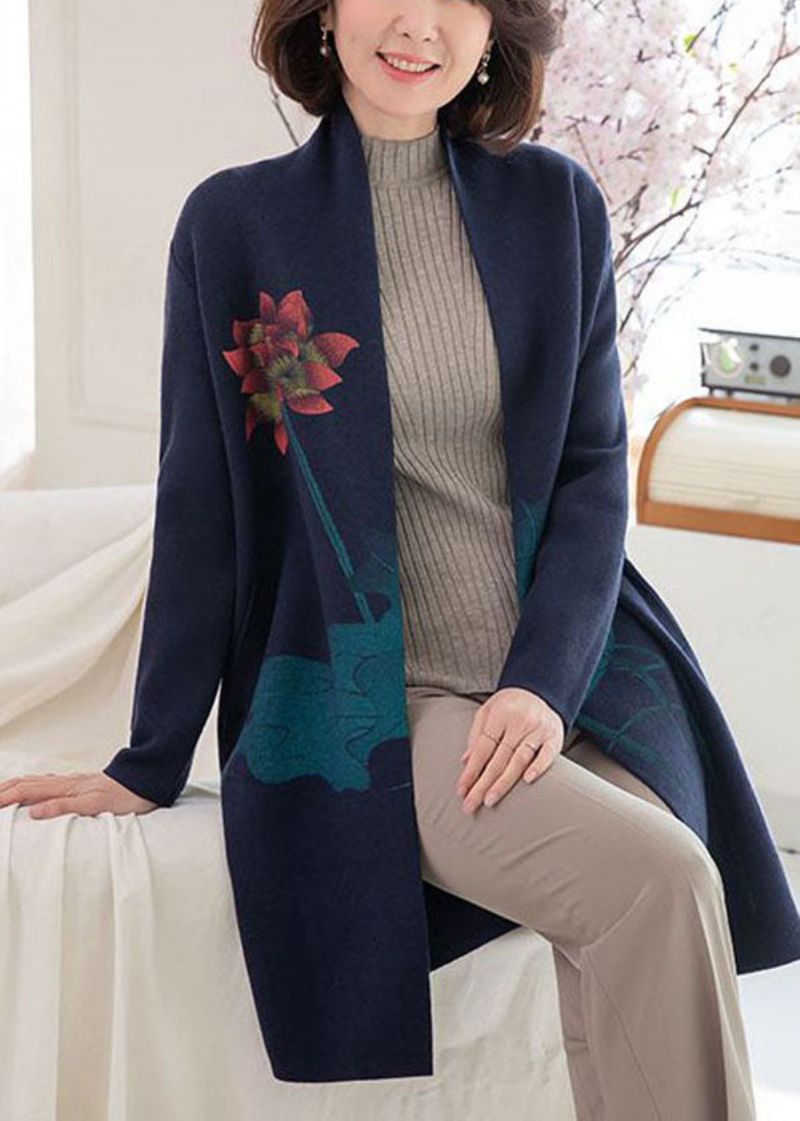 Moderne Marineblauwe Zakken Met Bloemenprint Wollen Vesten Met Lange Mouwen - Dames cardigans