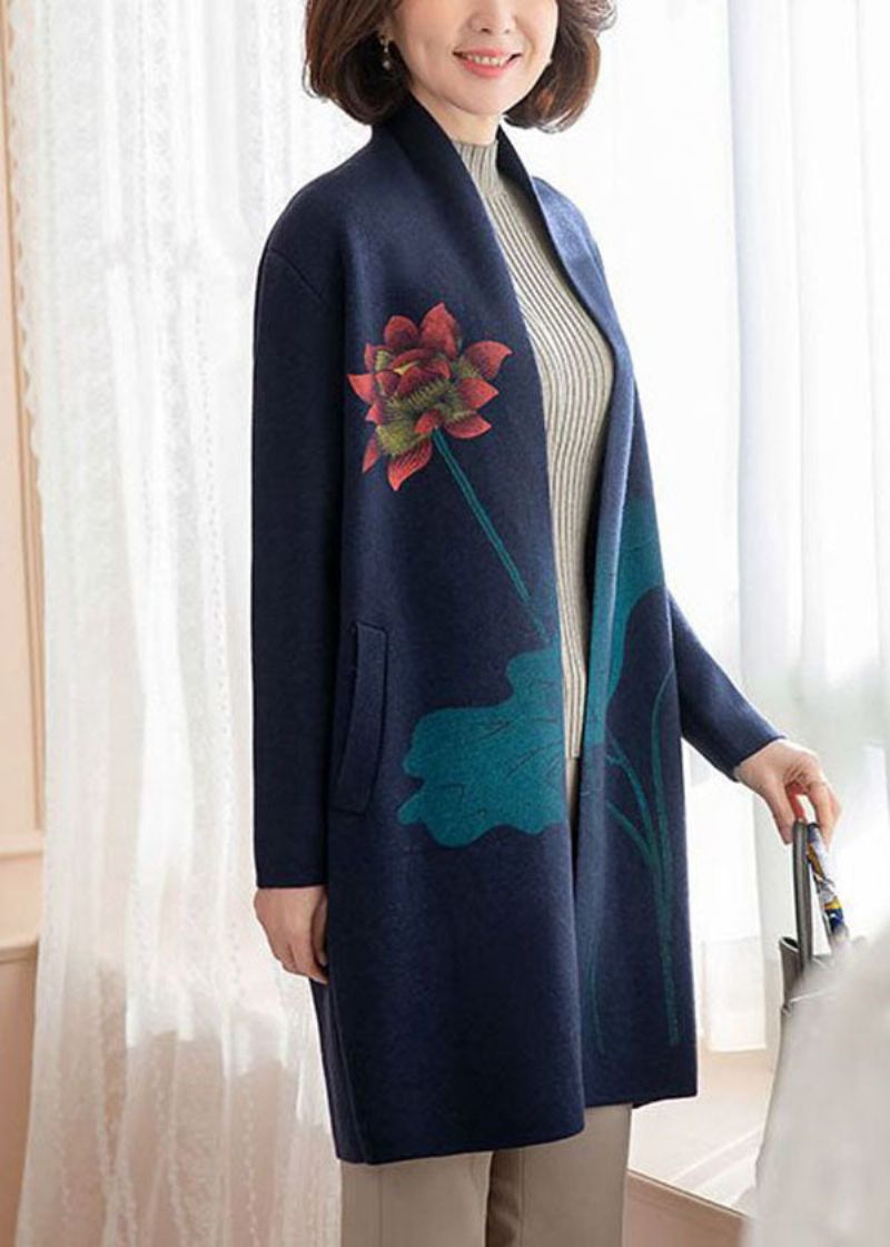 Moderne Marineblauwe Zakken Met Bloemenprint Wollen Vesten Met Lange Mouwen - Dames cardigans