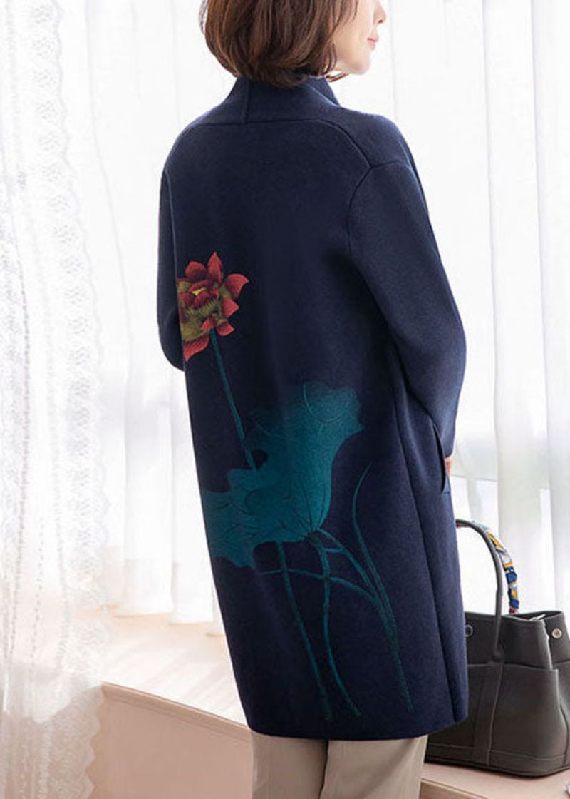 Moderne Marineblauwe Zakken Met Bloemenprint Wollen Vesten Met Lange Mouwen - Dames cardigans