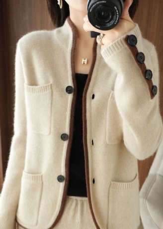 Mooi Beige Opstaande Kraagzakken Dik Gebreid Los Vest Winter