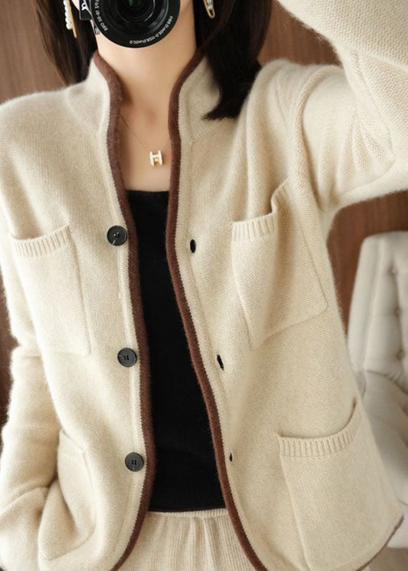 Mooi Beige Opstaande Kraagzakken Dik Gebreid Los Vest Winter - Dames cardigans