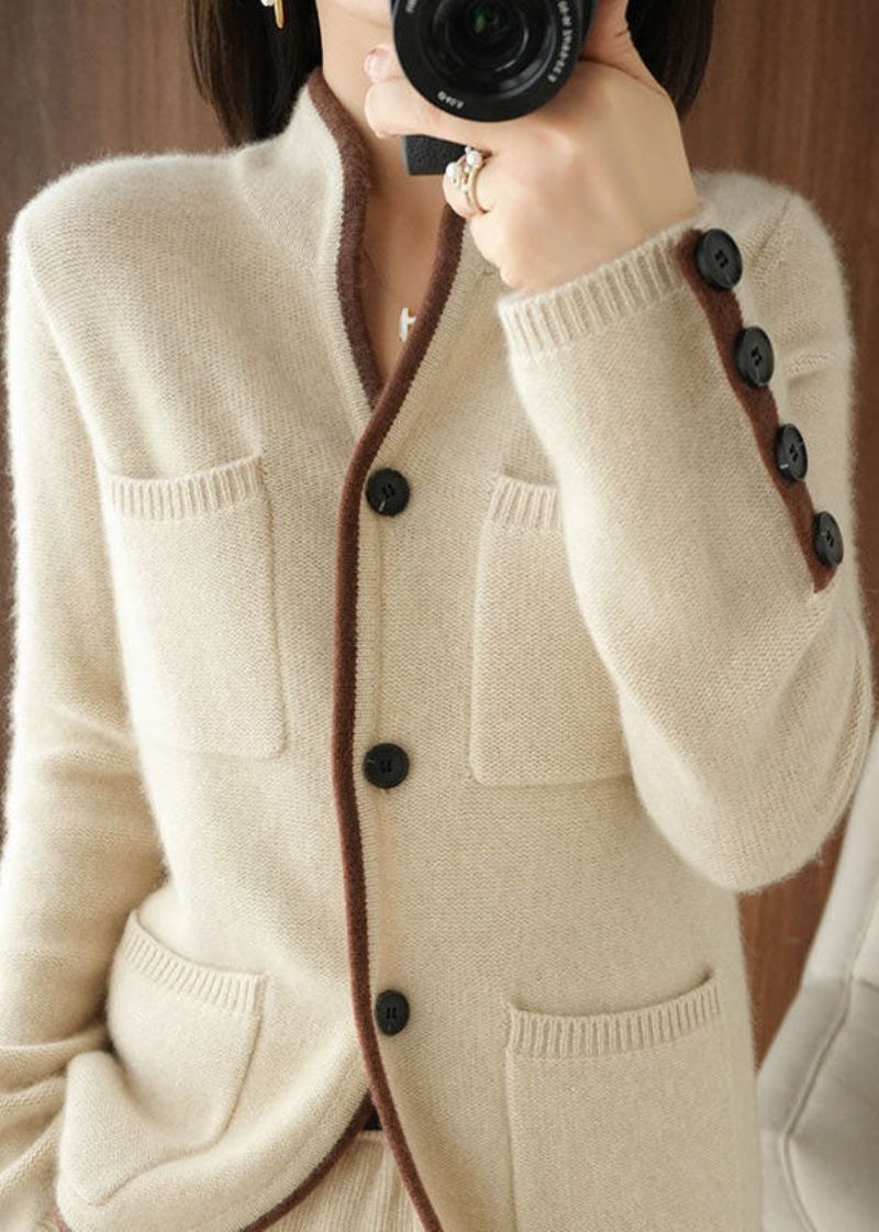 Mooi Beige Opstaande Kraagzakken Dik Gebreid Los Vest Winter - Dames cardigans