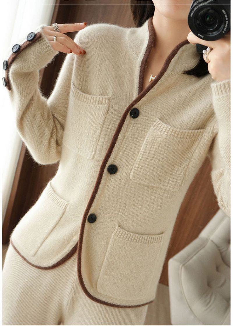 Mooi Beige Opstaande Kraagzakken Dik Gebreid Los Vest Winter - Dames cardigans