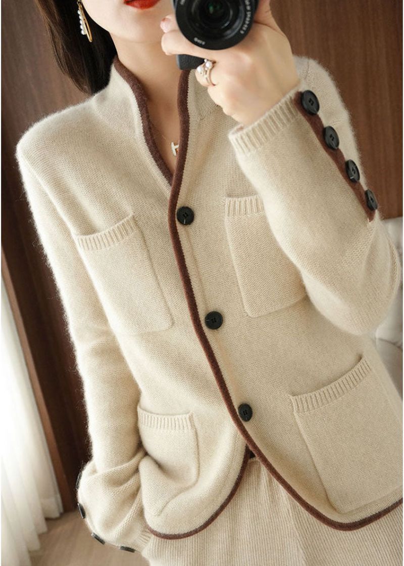 Mooi Beige Opstaande Kraagzakken Dik Gebreid Los Vest Winter - Dames cardigans