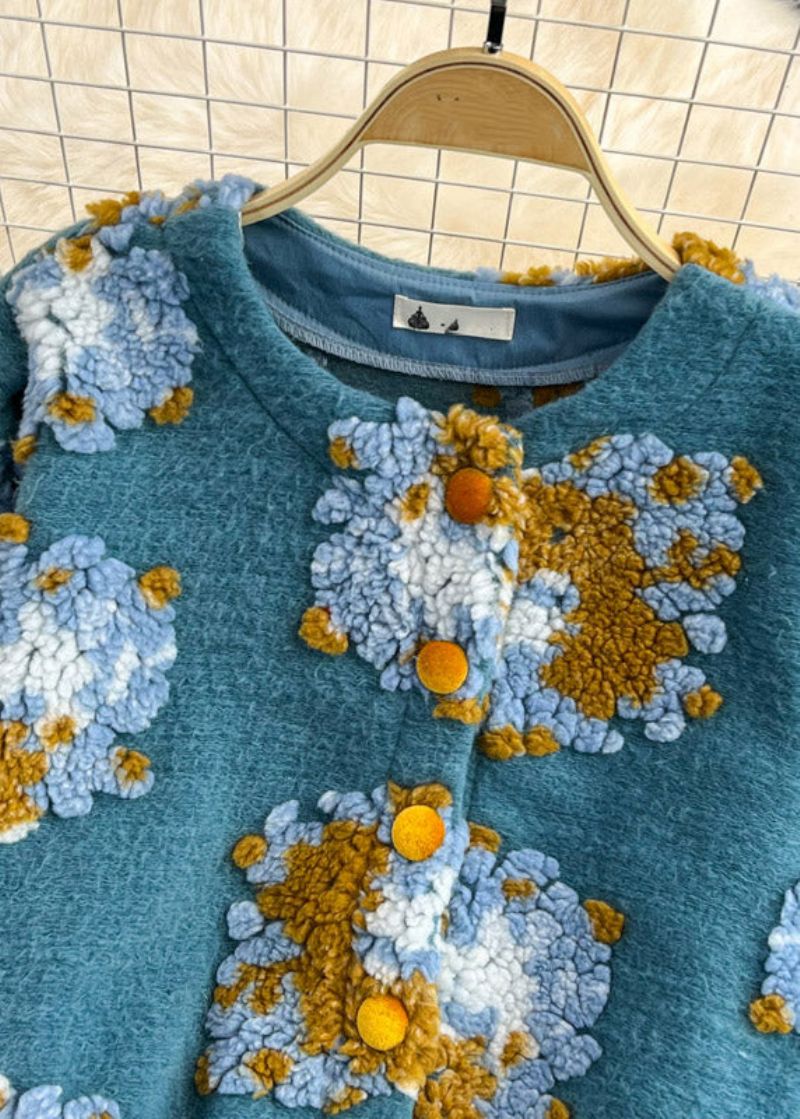 Mooie Blauwe O-hals Pluizige Gebloemde Knoopgebreide Truien Lente - Dames cardigans