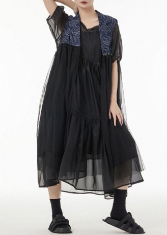 Mooie Blauwe Oversized Denim Patchwork Chiffon Vesten Zonder Mouwen