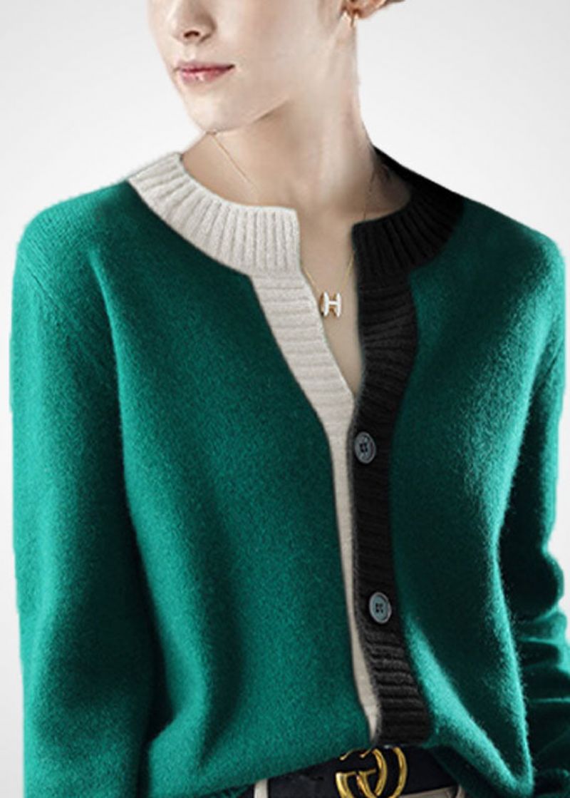 Mooie Groene O-hals Patchwork Knoopwol Gebreide Vesten Winter - Dames cardigans