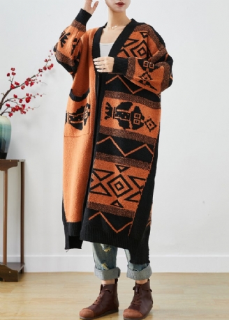 Mooie Oranje Oversized Gebreide Vesten Met Print Herfst