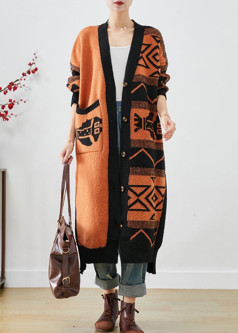 Mooie Oranje Oversized Gebreide Vesten Met Print Herfst - Dames cardigans