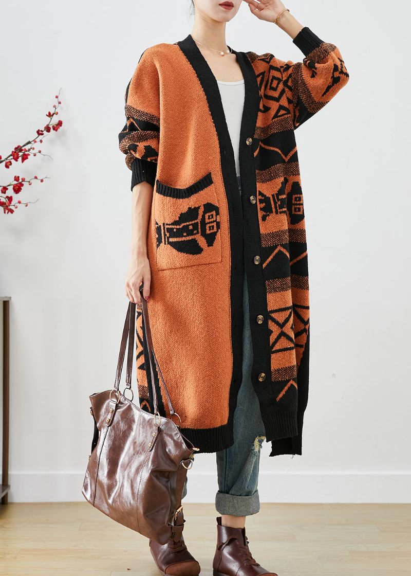 Mooie Oranje Oversized Gebreide Vesten Met Print Herfst - Dames cardigans