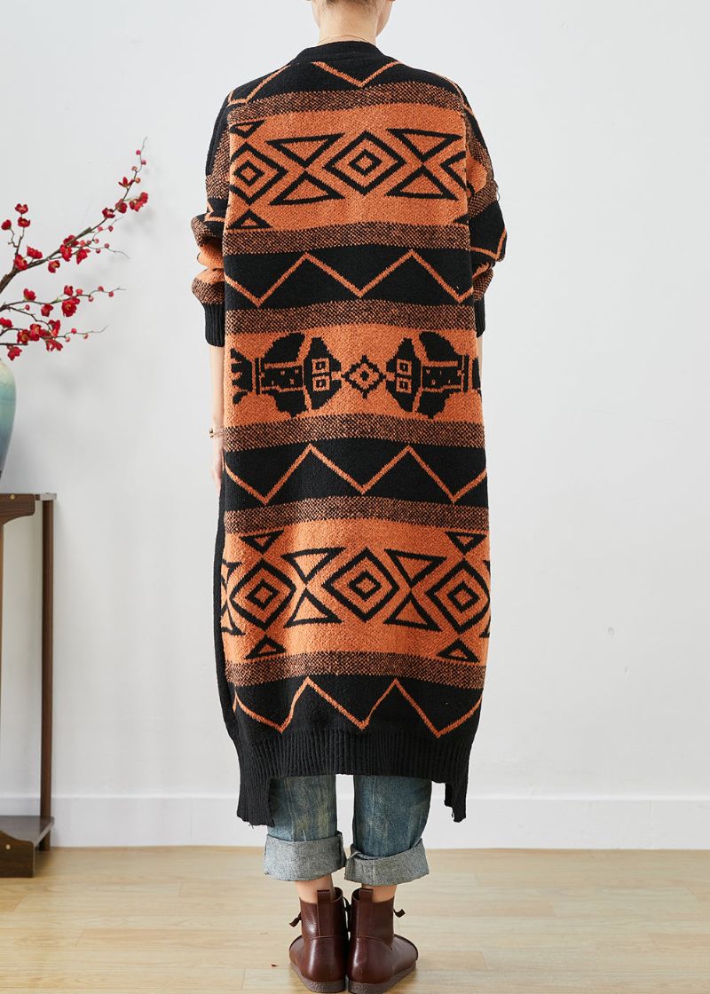 Mooie Oranje Oversized Gebreide Vesten Met Print Herfst - Dames cardigans