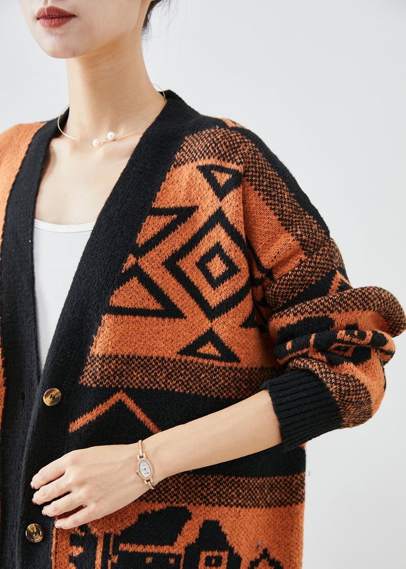 Mooie Oranje Oversized Gebreide Vesten Met Print Herfst - Dames cardigans