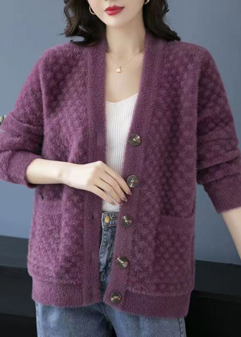 Mooie Paarse V-hals Zakken Patchwork Nertsenhaar Gebreide Jassen Herfst - Dames cardigans