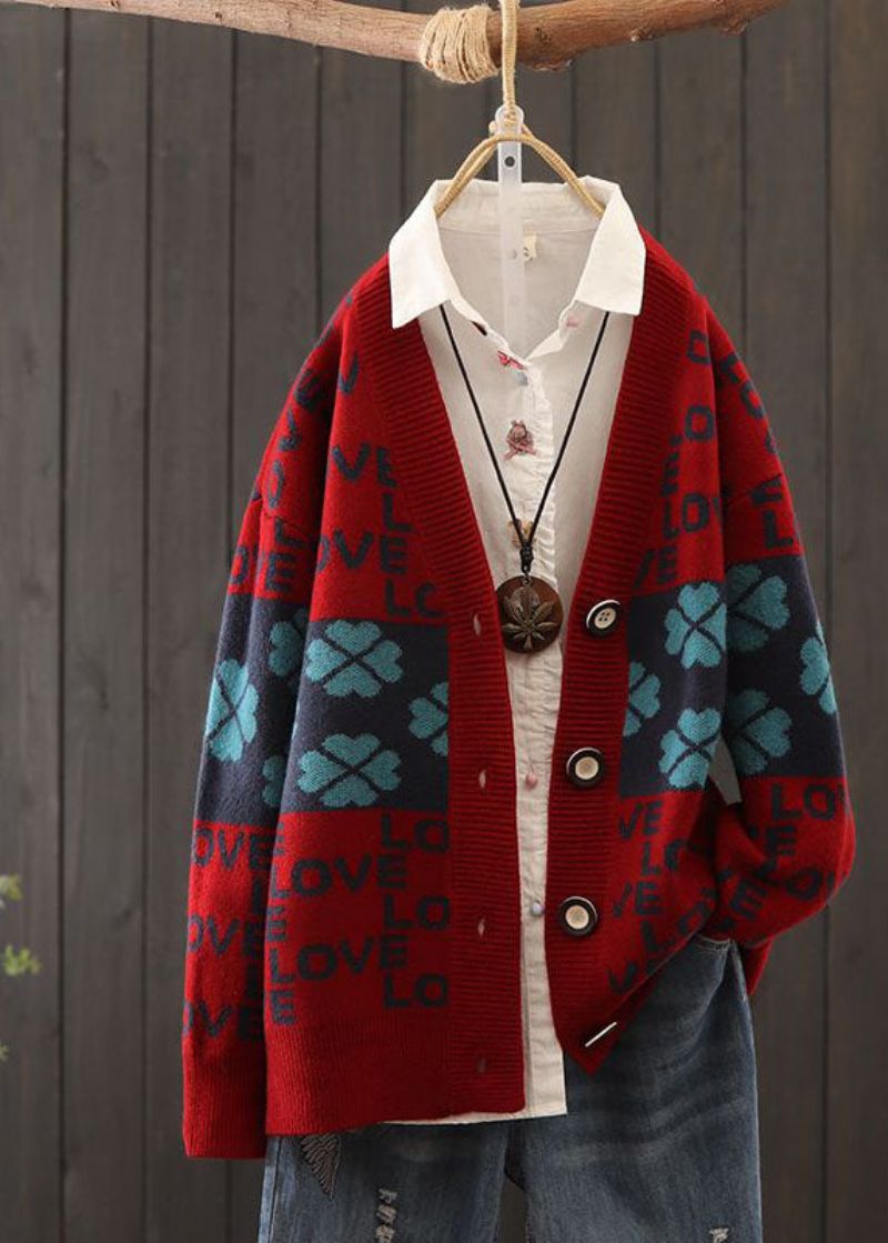 Mooie Rode Oversized Patchwork Letterprint Gebreide Vesten Winter