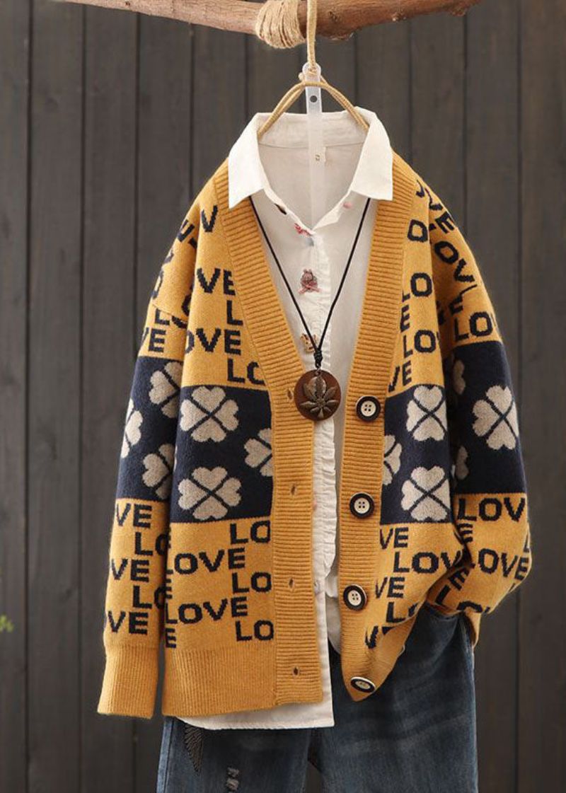 Mooie Rode Oversized Patchwork Letterprint Gebreide Vesten Winter - Dames cardigans