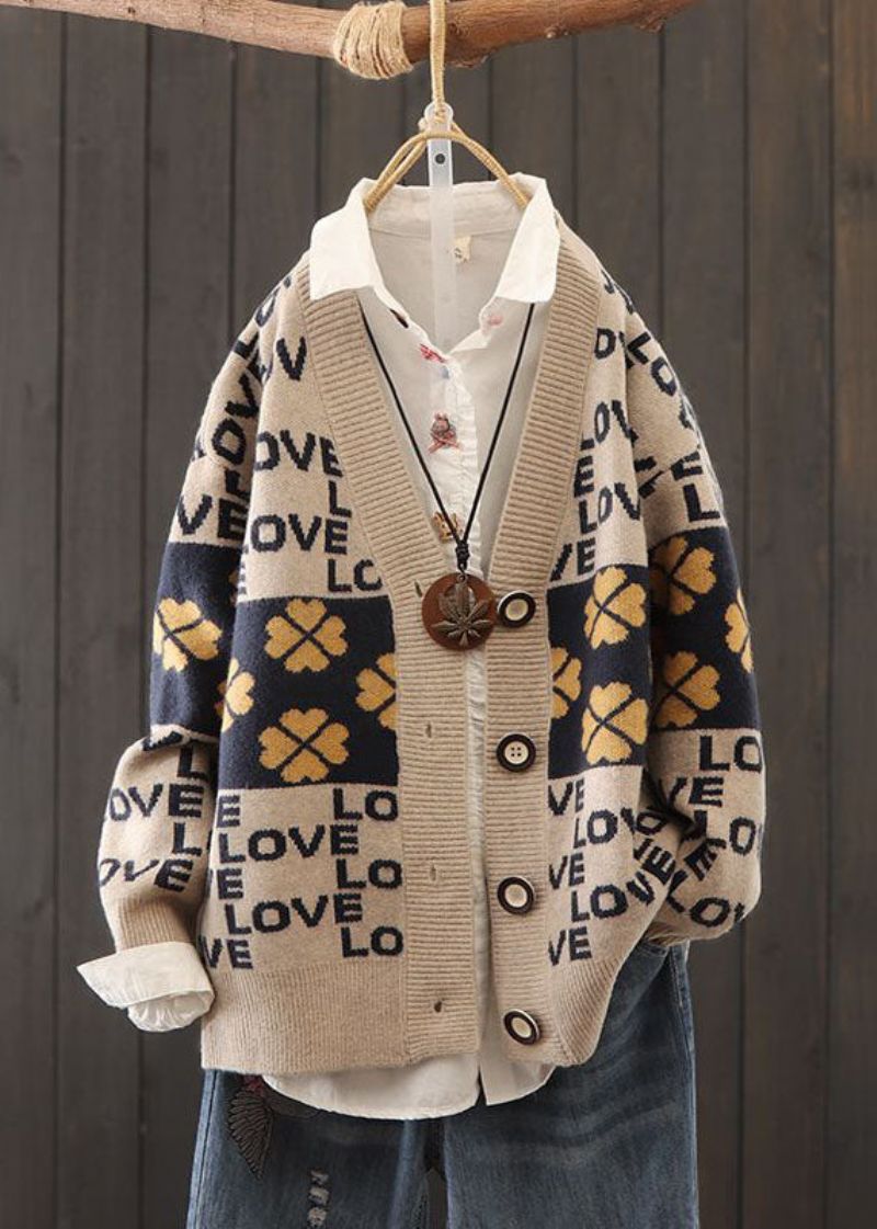 Mooie Rode Oversized Patchwork Letterprint Gebreide Vesten Winter - Dames cardigans