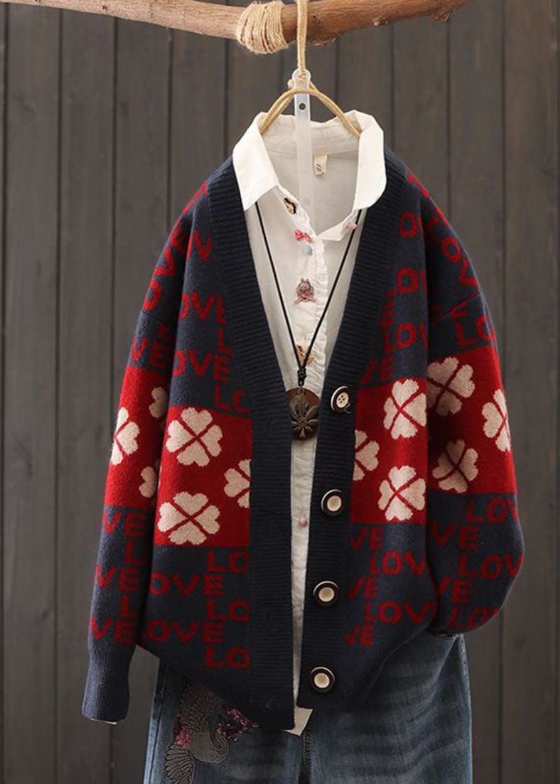 Mooie Rode Oversized Patchwork Letterprint Gebreide Vesten Winter - Dames cardigans