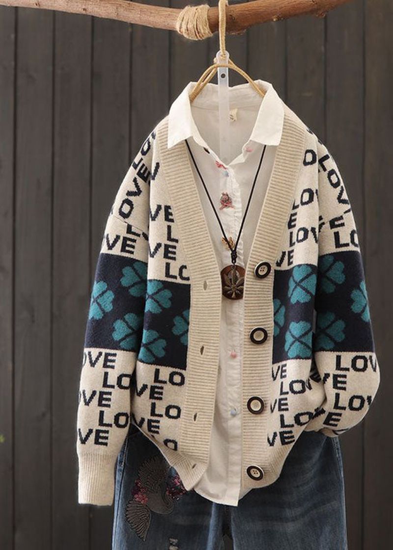 Mooie Rode Oversized Patchwork Letterprint Gebreide Vesten Winter - Dames cardigans